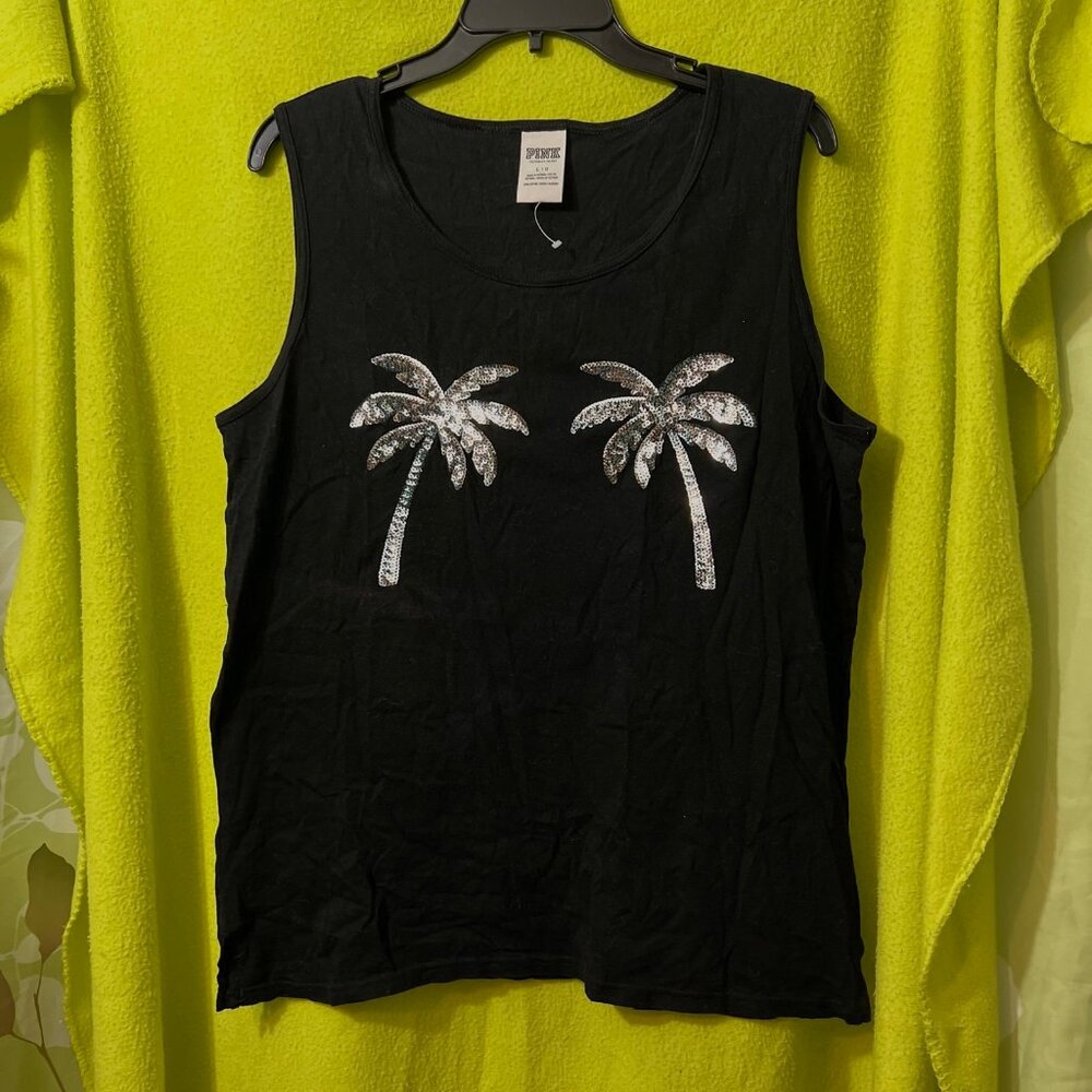 Victoria's Secret PINK Palm Tree Bling Campus Tank Black Large Spring Break VS